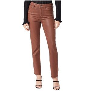 Paige Cindy Cognac Luxe Wax Coat High Rise Straight Jeans